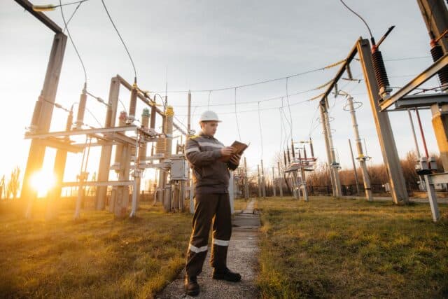 The energy engineer inspects the equipment of the substation. Power engineering. Industry